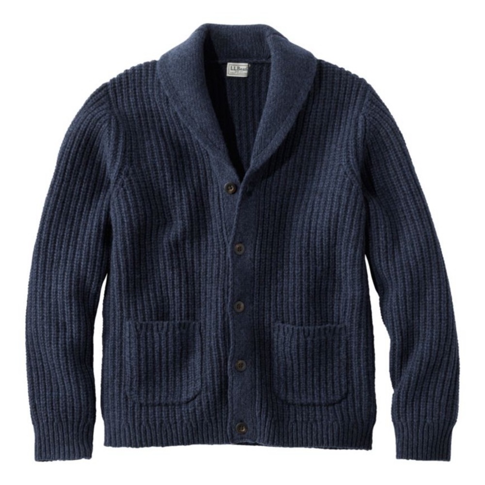 L.L. Bean Mens Classic 100% Lambs Wool Sweater Cardigan Size Medium in Navy